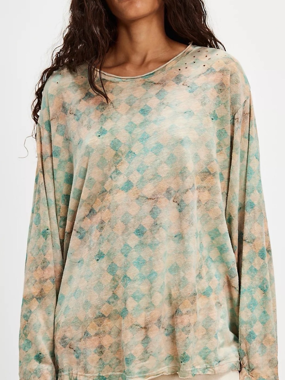 Magnolia Pearl Teal and Beige Diamond-Print Long Sleeve Top